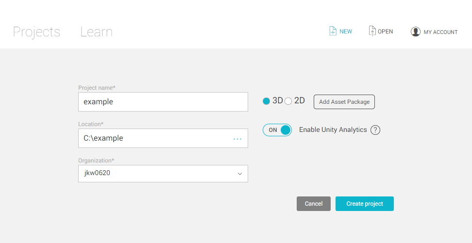 create a project in unity